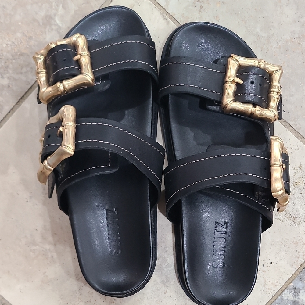 SCHUTZ Black Slides with Gold Accents - Picture 5 of 8